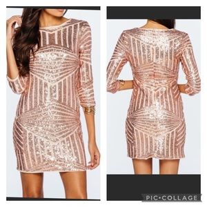 Nude Rose Gold 3/4 Length Sleeve Sequin Party Cocktail Dress